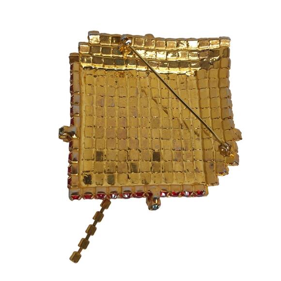 Vintage Christmas Present Gift Pin Brooch Red Rhinestones With Bow - Picture 5 of 6